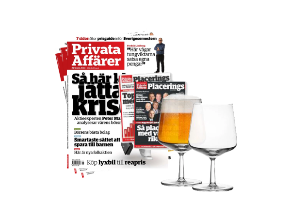 2 Essence ölglas frå Iittala och 6 nr. av Privata Affärer