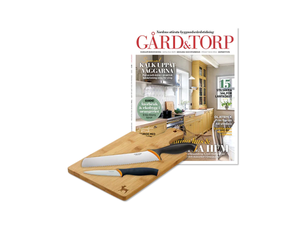 Skärbräda, två knivar och Gård & Torp