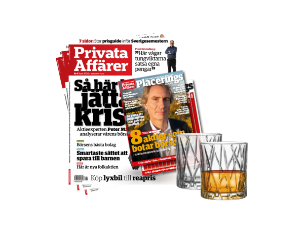 Whiskeyglas från Orrefors och 6 nr. av Privata Affärer
